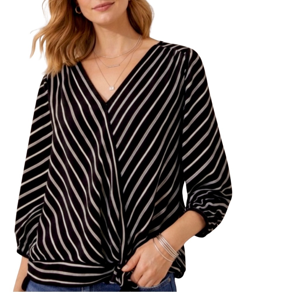 LOFT Black & White Striped Faux Wrap Front Tie Top • Size Medium • LIKE NEW